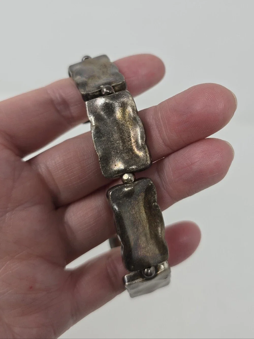 Vintage Modernist Rectangular Link Sterling Silver Bracelet With Dark Finish